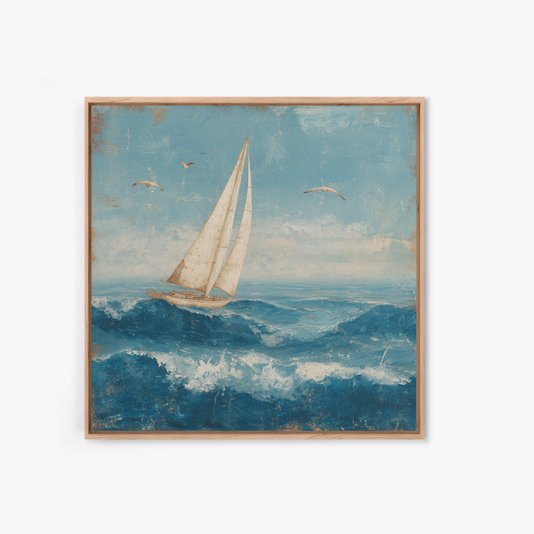 Sailboat Leaning into Wind on Blue Water Canvas Print, Nautical Art, Room Decor, Coastal Decor, Fine Art, Harbor, Printable, NAU-1x1-49