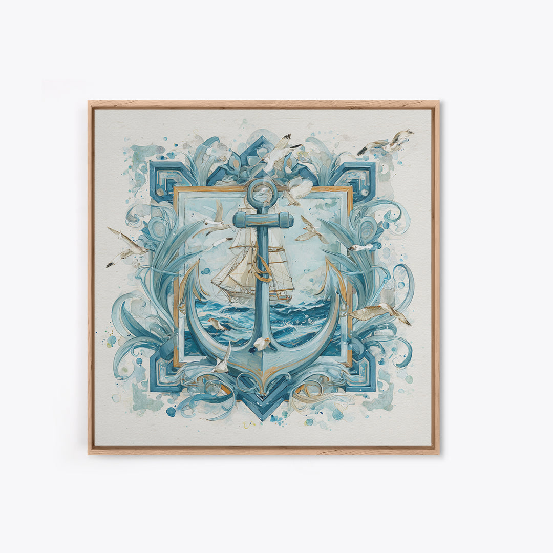 Anchor and Laurel Nautical Crest Without Text Framed Canvas Print, Nautical Art, Textured Painting, Coastal Decor, Harbor, NAU-1x1-53
