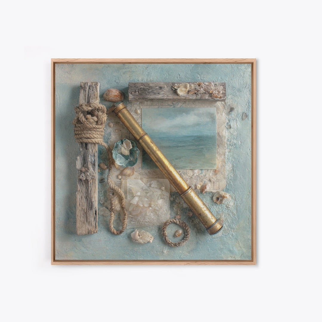 Brass Telescope and Old Map Still Life Framed Canvas Print, Nautical Art, Statement Artwork, Coastal Decor, Fine Art, Harbor, NAU-1x1-78