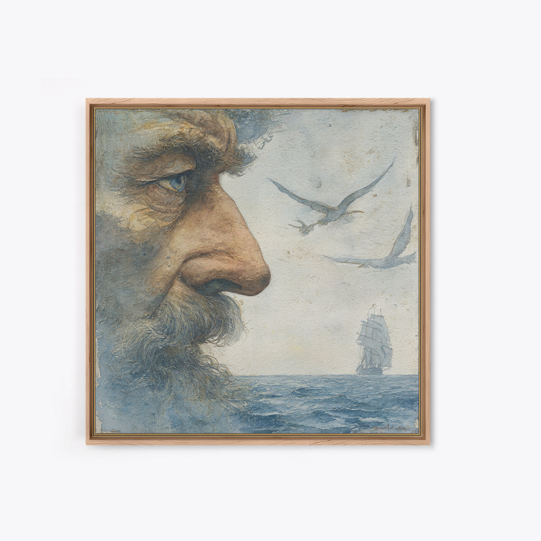 Sea Captain Portrait Framed Canvas Print, Nautical Art, Boho Decor, Coastal Decor, Fine Art, Harbor, Painting, Art Print, NAU-1x1-79