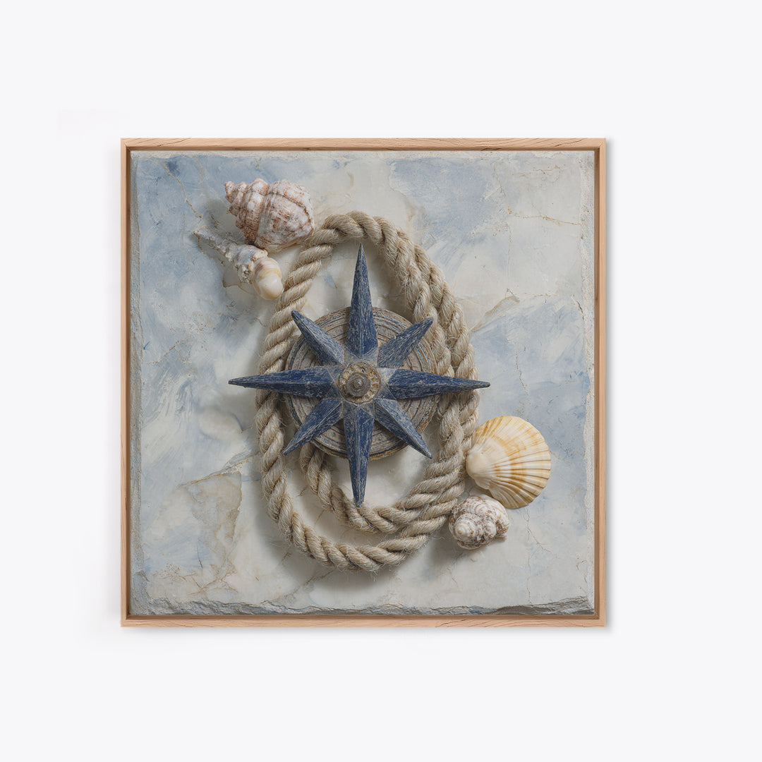 Antique Compass with Rope and Shells Canvas Print, Nautical Art, Textured Painting, Coastal Decor, Fine Art, Harbor, NAU-1x1-98