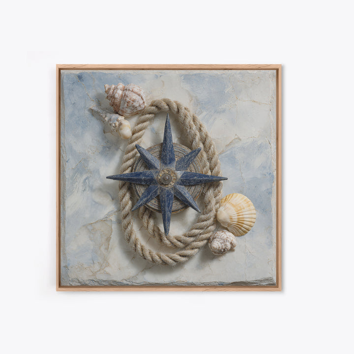 Antique Compass with Rope and Shells Canvas Print, Nautical Art, Textured Painting, Coastal Decor, Fine Art, Harbor, NAU-1x1-98