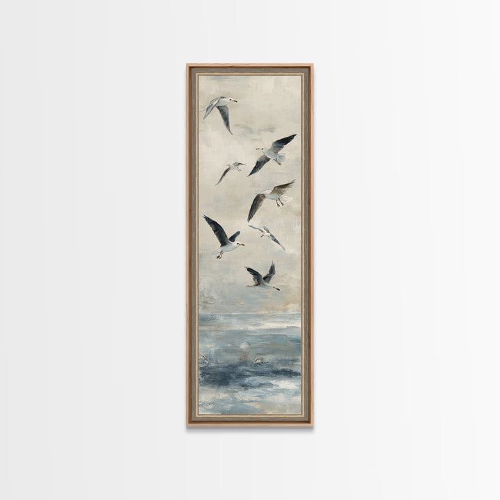 Coastal Gulls Flying Framed Canvas Print, Nautical Art, Textured Painting, Coastal Decor, Fine Art, Harbor, Printable Wall Art, NAU-1x3-29