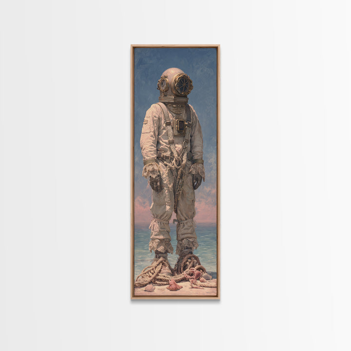 Deep Sea Diver Helmet Still Life Framed Canvas Print, Nautical Art, Ocean Art, Coastal Decor, Oil Painting, Harbor, NAU-1x3-30