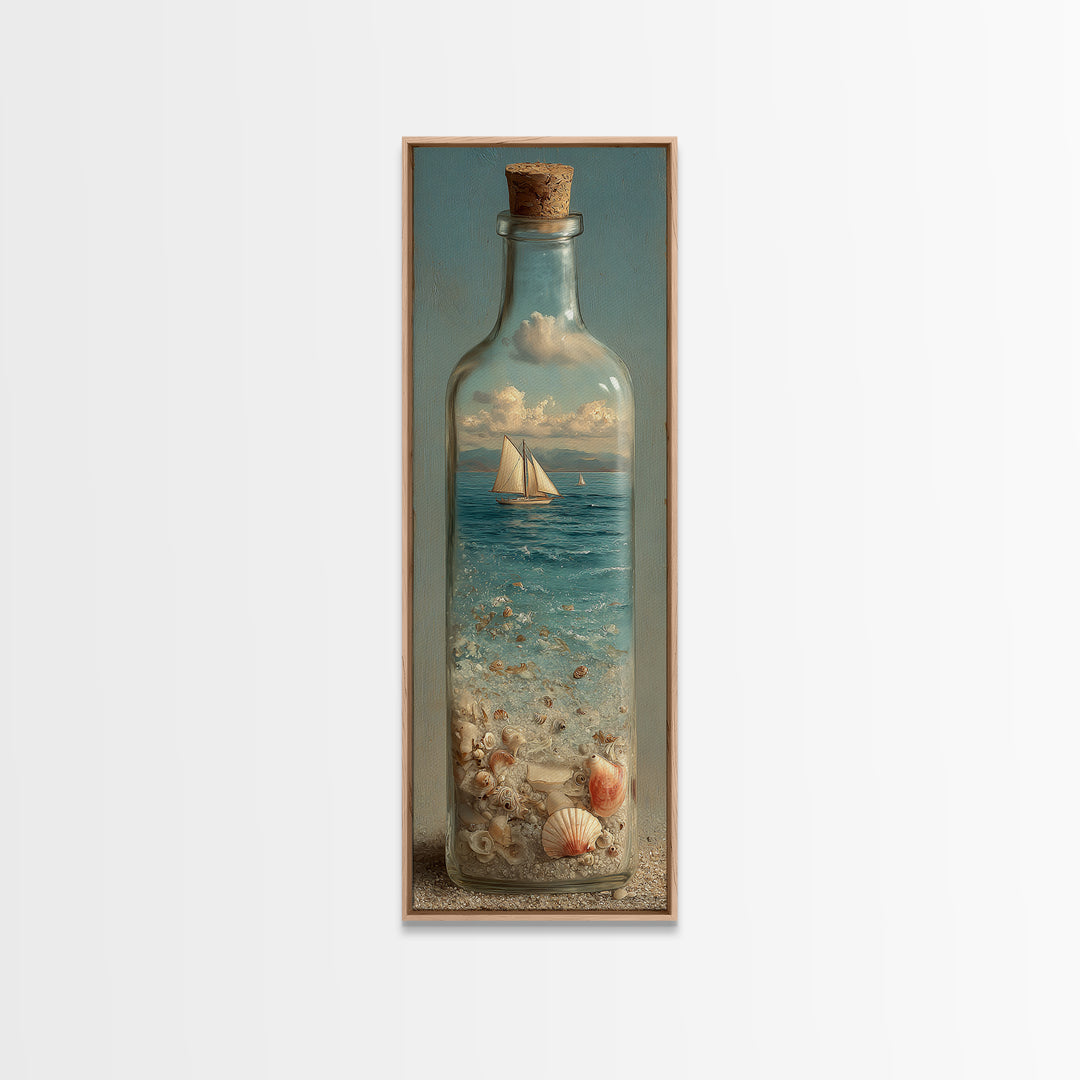 Bottle with Tiny Ship and Ocean Inside Framed Canvas Print, Nautical Art, Oil Painting, Coastal Decor, Fine Art, Harbor, NAU-1x3-52