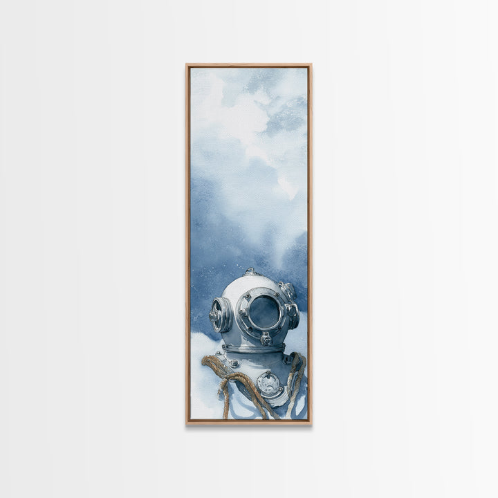 Deep Sea Diver Helmet Still Life Framed Canvas Print, Nautical Art, Ocean Art, Coastal Decor, Oil Painting, Harbor, NAU-1x3-54