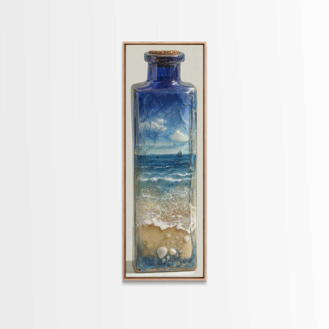Bottle with Tiny Ship and Ocean Inside Framed Canvas Print, Nautical Art, Coastal Decor, Fine Art, Harbor, Fine Art Print, NAU-1x3-76