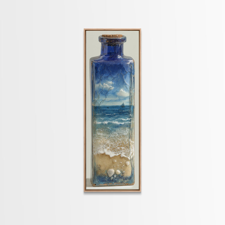 Bottle with Tiny Ship and Ocean Inside Framed Canvas Print, Nautical Art, Coastal Decor, Fine Art, Harbor, Fine Art Print, NAU-1x3-76