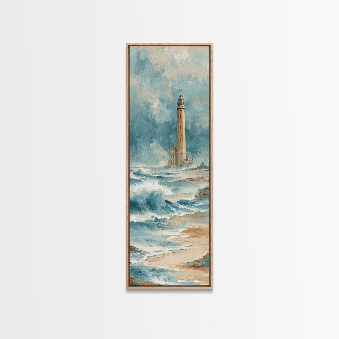 Lighthouse Standing Against Stormy Waves Framed Canvas Print, Nautical Art, Statement Artwork, Coastal Decor, Fine Art, Harbor, NAU-1x3-87