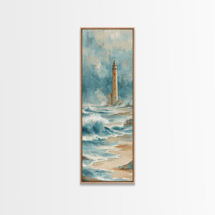 Lighthouse Standing Against Stormy Waves Framed Canvas Print, Nautical Art, Statement Artwork, Coastal Decor, Fine Art, Harbor, NAU-1x3-87