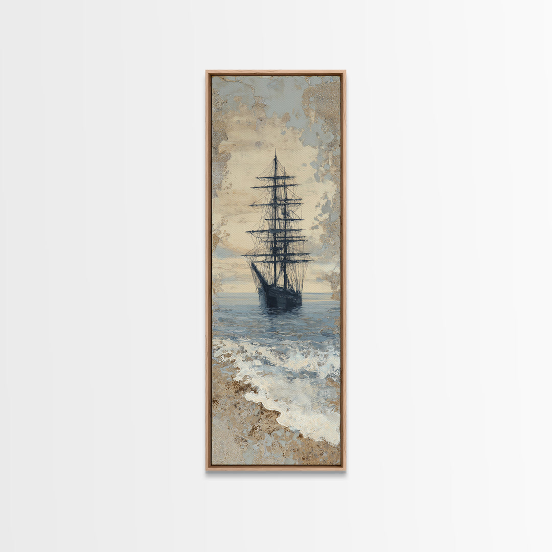 Tall Ship Silhouette at Sunset Framed Canvas Print, Nautical Art, Beach Print, Coastal Decor, Fine Art, Harbor, Luxury Decor, NAU-1x3-92