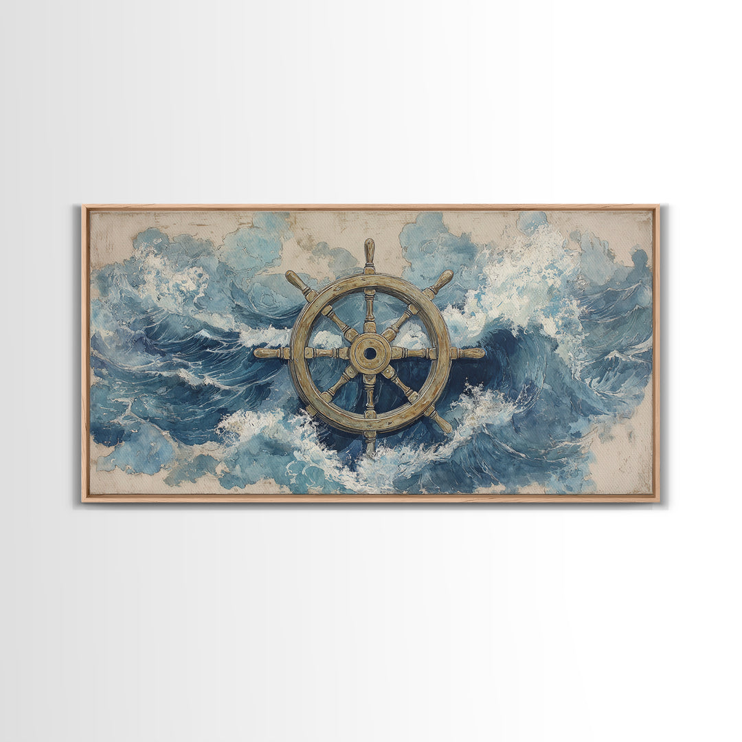 Ship Wheel with Sea Spray Background Framed Canvas Print, Nautical Art, Wall Art, Coastal Decor, Oil Painting, Harbor, NAU-2x1-35
