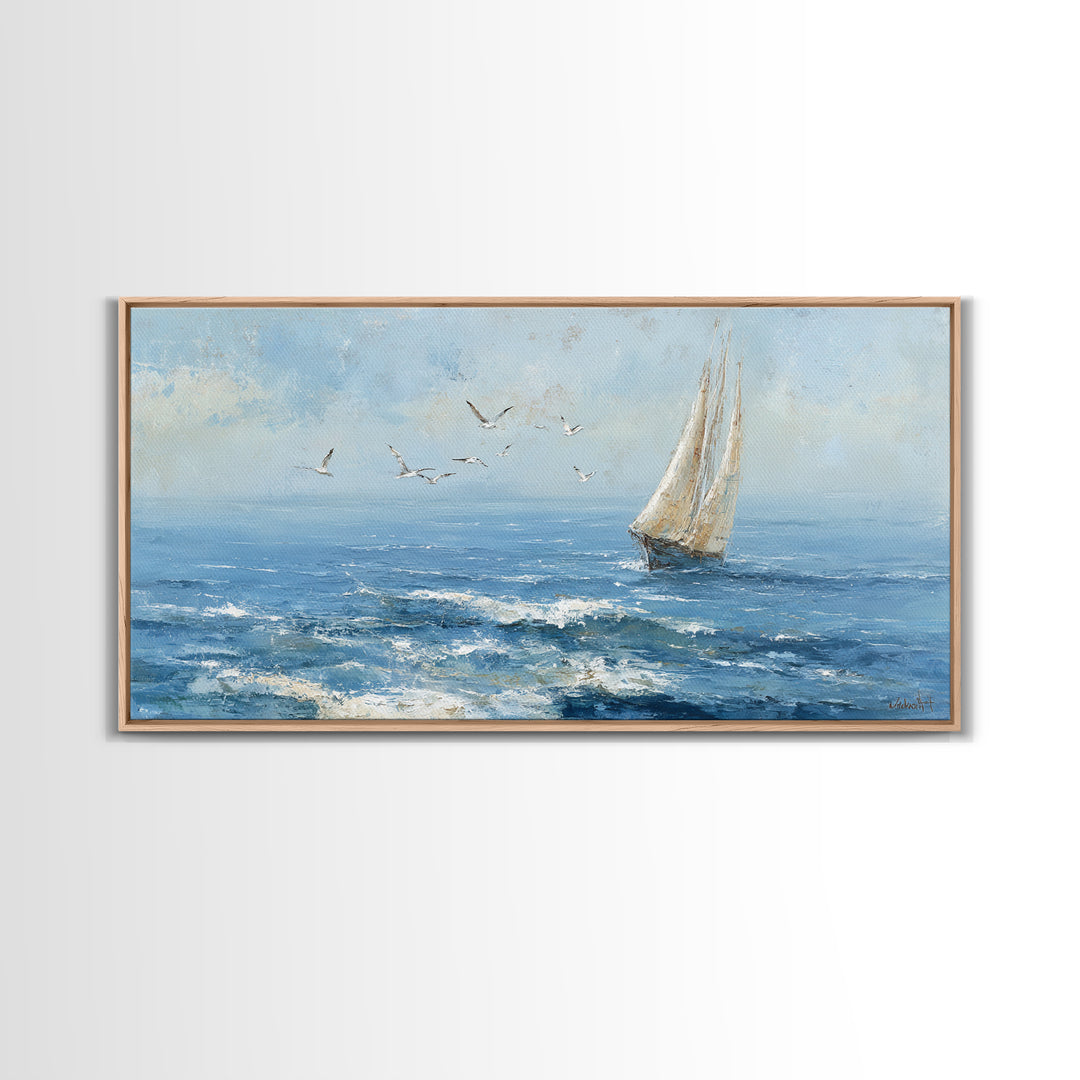 Sailboat Leaning into Wind on Blue Water Framed Canvas Print, Nautical Art, Digital Print, Coastal Decor, Fine Art, Harbor, NAU-2x1-45