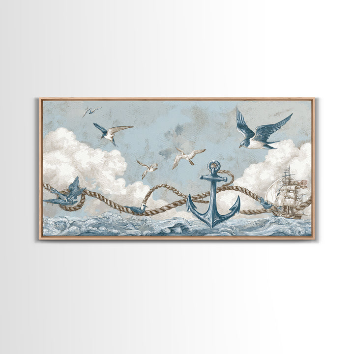 Sailor Tattoo Swallow and Anchor Framed Canvas Print, Nautical Art, Antique Decor, Coastal Decor, Harbor, Downloadable Prints, NAU-2x1-91