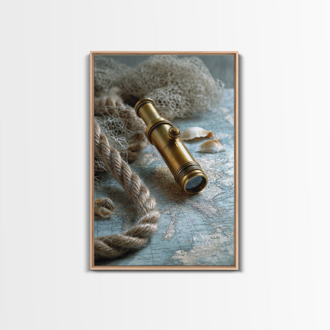 Brass Telescope and Old Map Still Life Canvas Print, Nautical Art, Wall Art, Coastal Decor, Oil Painting, Harbor, Digital Print, NAU-2x3-14