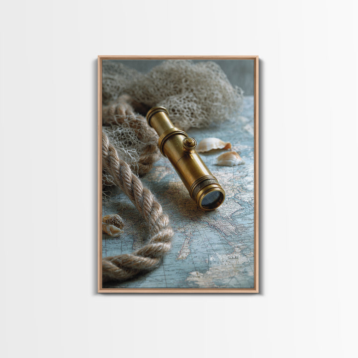 Brass Telescope and Old Map Still Life Canvas Print, Nautical Art, Wall Art, Coastal Decor, Oil Painting, Harbor, Digital Print, NAU-2x3-14