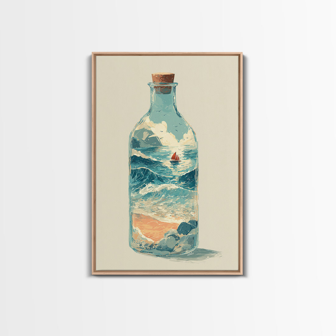 Bottle with Tiny Ship and Ocean Inside Framed Canvas Print, Nautical Art, Modern Decor, Coastal Decor, Fine Art, Harbor, NAU-2x3-24