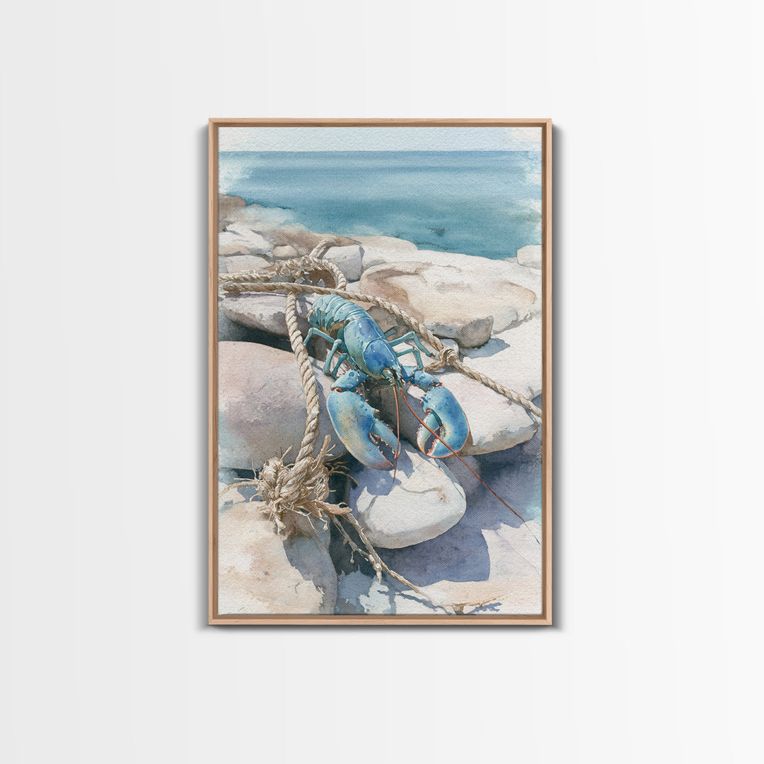 Lobster and Rope Coastal Illustration Framed Canvas Print, Nautical Art, Beach Decor, Coastal Decor, Fine Art, Harbor, NAU-2x3-28