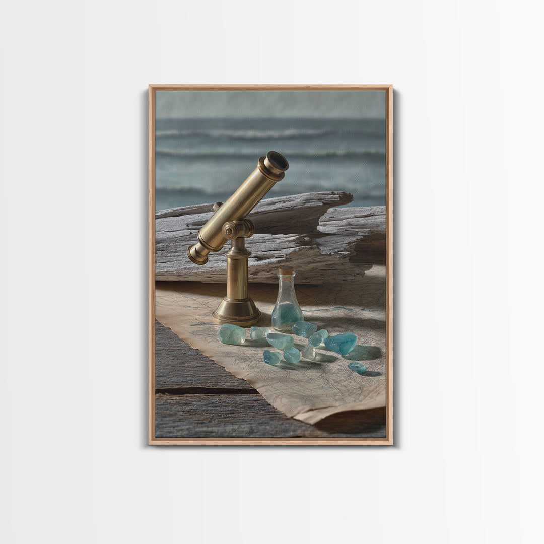Brass Telescope and Old Map Still Life Framed Canvas Print, Nautical Art, Art Print, Coastal Decor, Fine Art, Harbor, NAU-2x3-38