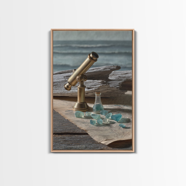 Brass Telescope and Old Map Still Life Framed Canvas Print, Nautical Art, Art Print, Coastal Decor, Fine Art, Harbor, NAU-2x3-38
