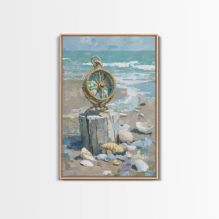 Antique Compass with Rope and Shells Canvas Print, Nautical Art, Antique Decor, Coastal Decor, Harbor, Downloadable Prints, NAU-2x3-82