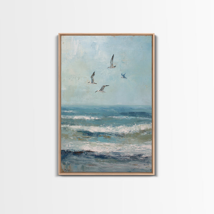 Coastal Gulls Flying Framed Canvas Print, Nautical Art, Coastal Wall Art, Coastal Decor, Fine Art, Harbor, Neutral Decor, NAU-2x3-97