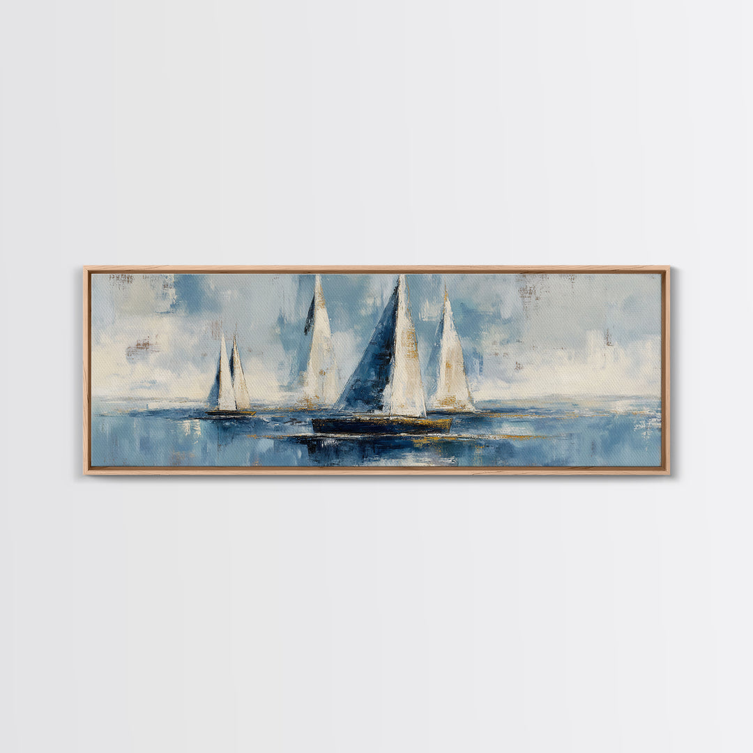 Sailboat Leaning into Wind on Blue Water Framed Canvas Print, Nautical Art, Coastal Art, Coastal Decor, Fine Art, Harbor, NAU-3x1-17