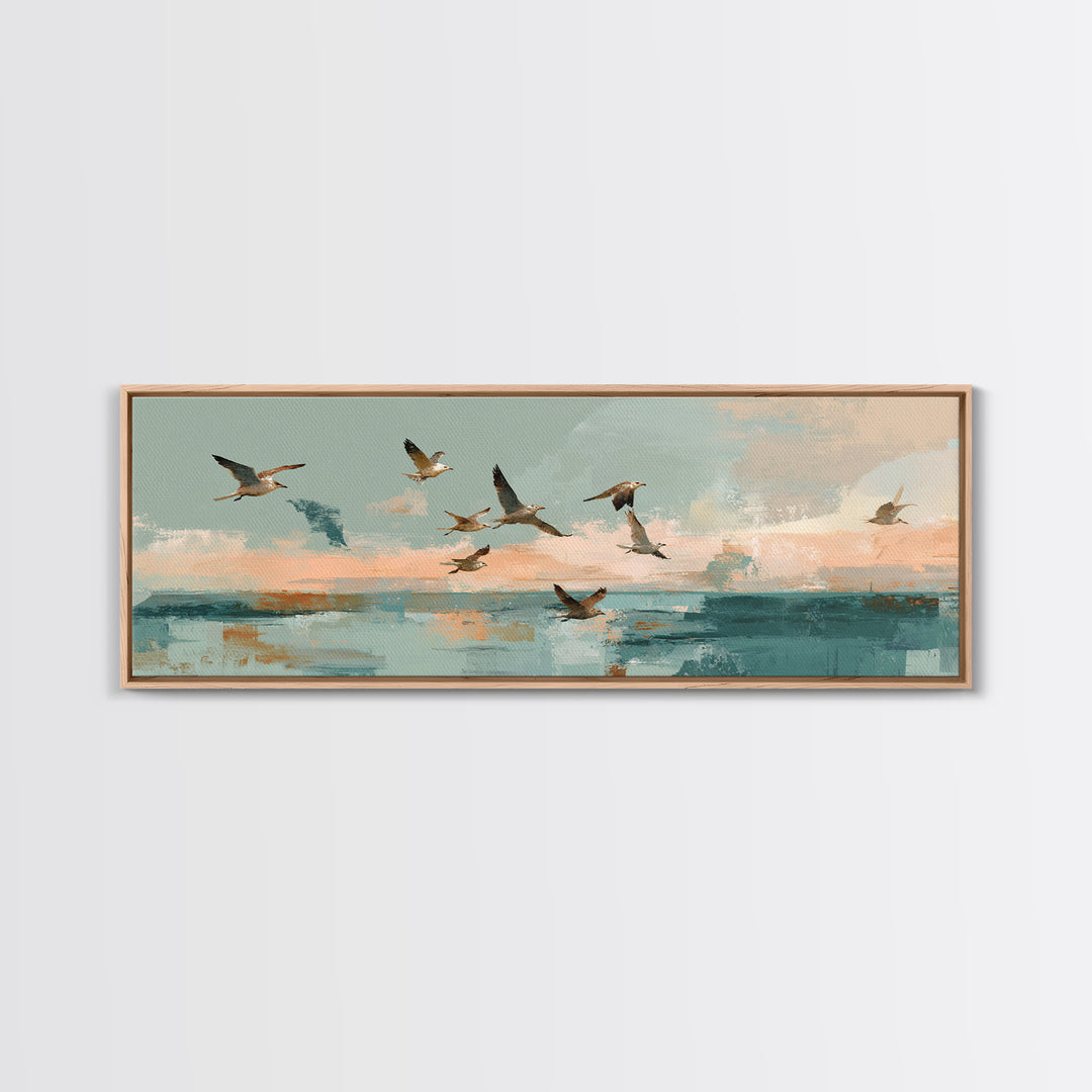 Coastal Gulls Flying Canvas Print, Nautical Art, Beach Decor, Coastal Decor, Fine Art, Harbor, Statement Artwork, Boho Decor, NAU-3x1-33