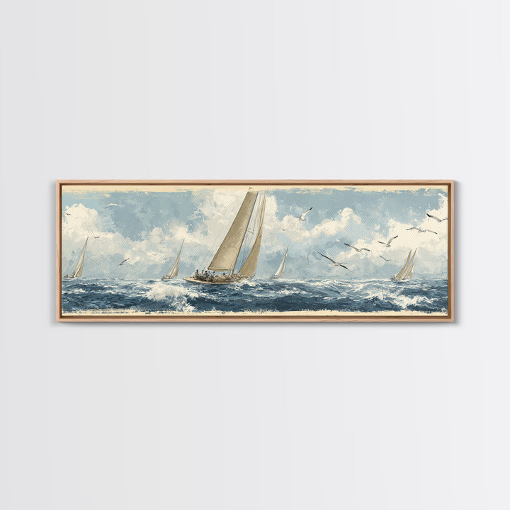 Classic Yacht Racing Through Whitecaps Canvas Print, Nautical Art, Minimalist Decor, Coastal Decor, Fine Art, Harbor, NAU-3x1-35