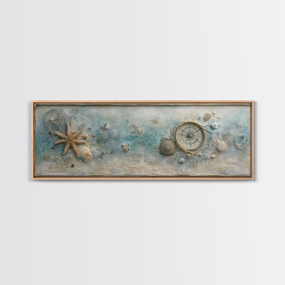 Antique Compass with Rope and Shells Canvas Print, Nautical Art, Coastal Wall Art, Coastal Decor, Harbor, Neutral Decor, NAU-3x1-66