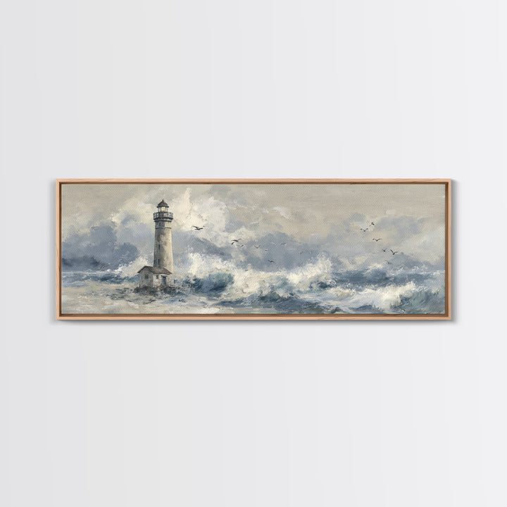 Lighthouse Standing Against Stormy Waves Framed Canvas Print, Nautical Art, Large Wall Art, Coastal Decor, Abstract Art, Harbor, NAU-3x1-67