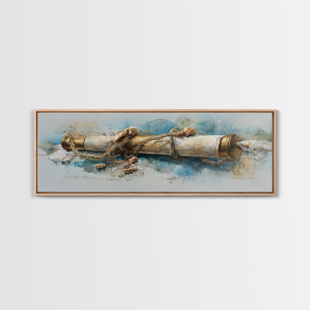 Brass Telescope and Old Map Still Life Canvas Print, Nautical Art, Wall Art, Coastal Decor, Oil Painting, Harbor, Digital Print, NAU-3x1-70
