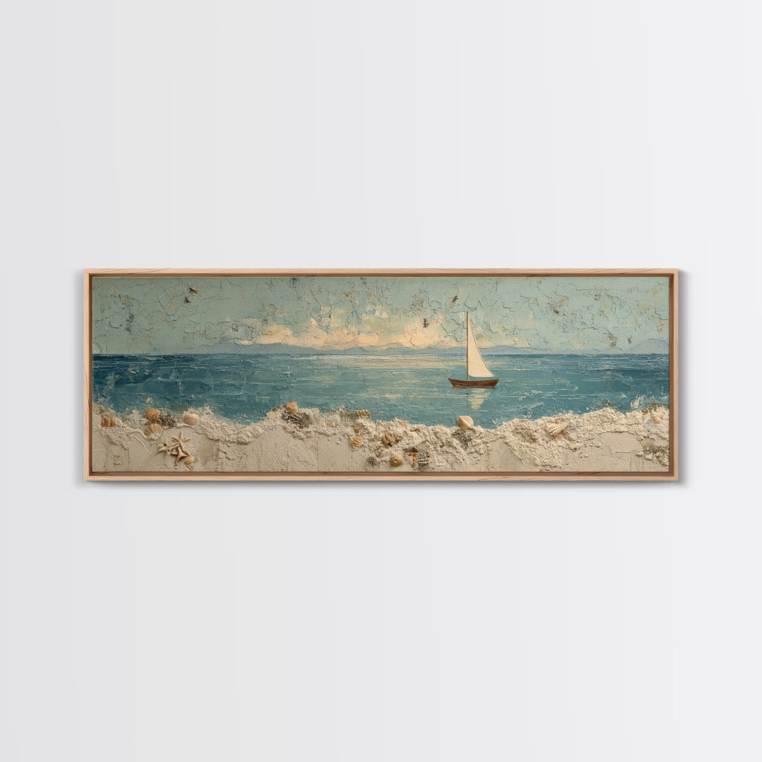 Whale Tail Beside Small Sailboat Framed Canvas Print, Nautical Art, Coastal Decor, Oil Painting, Harbor, Fine Art Print, NAU-3x1-74
