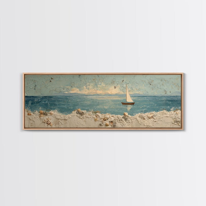 Whale Tail Beside Small Sailboat Framed Canvas Print, Nautical Art, Coastal Decor, Oil Painting, Harbor, Fine Art Print, NAU-3x1-74