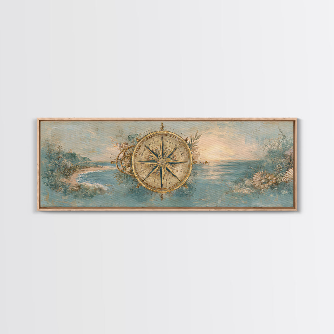 Antique Compass with Rope and Shells Framed Canvas Print, Nautical Art, Beach Print, Coastal Decor, Fine Art, Harbor, NAU-3x1-90