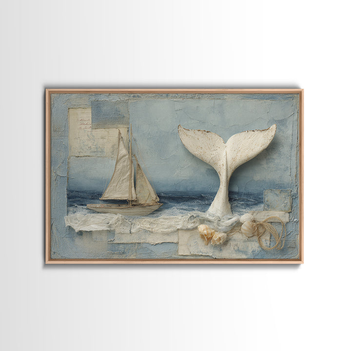 Whale Tail Beside Small Sailboat Framed Canvas Print, Nautical Art, Digital Print, Coastal Decor, Fine Art, Harbor, Beach Print, NAU-3x2-14
