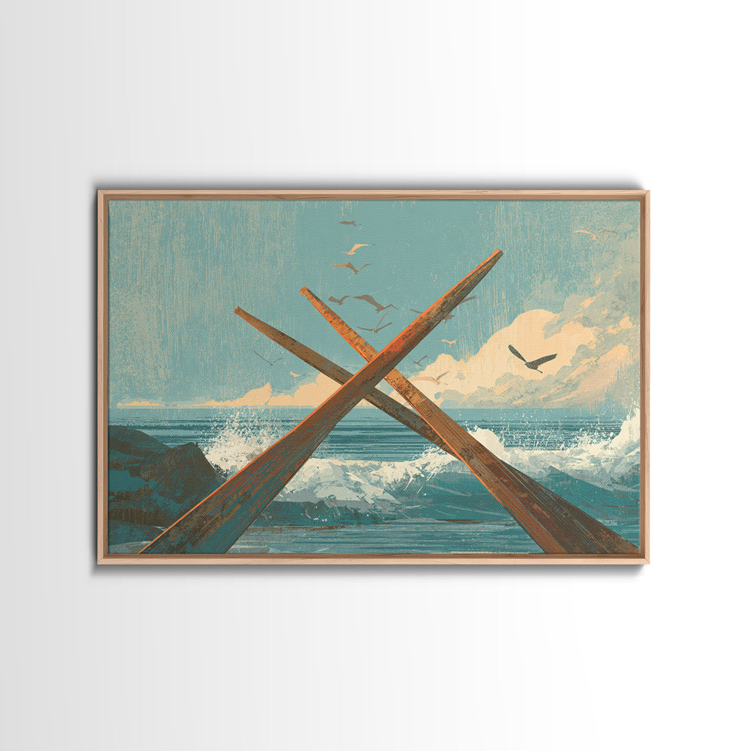 Weathered Oars Crossed Framed Canvas Print, Nautical Art, Coastal Wall Art, Coastal Decor, Fine Art, Harbor, Neutral Decor, NAU-3x2-15
