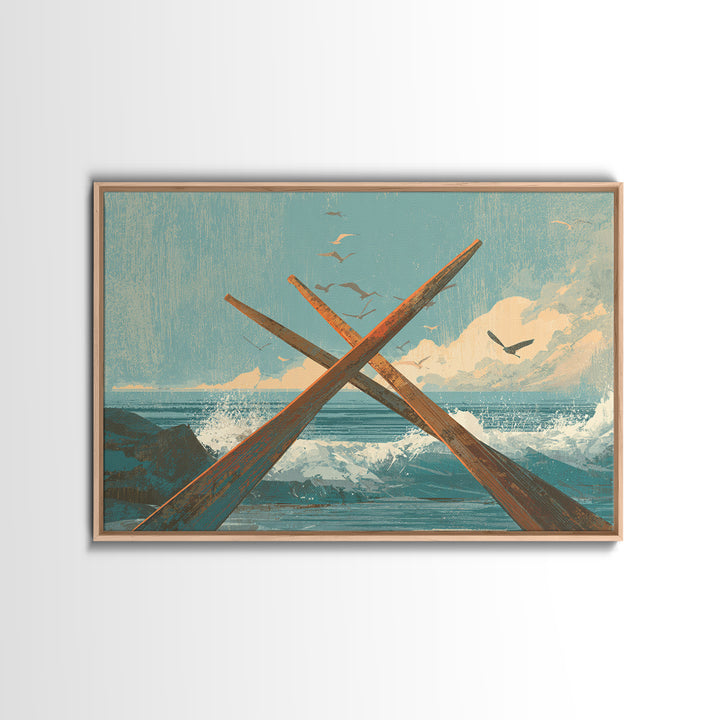 Weathered Oars Crossed Framed Canvas Print, Nautical Art, Coastal Wall Art, Coastal Decor, Fine Art, Harbor, Neutral Decor, NAU-3x2-15