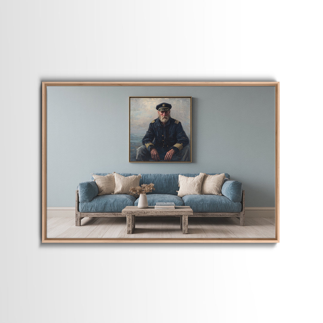 Sea Captain Portrait Framed Canvas Print, Nautical Art, Room Decor, Coastal Decor, Oil Painting, Harbor, Printable, NAU-3x2-35
