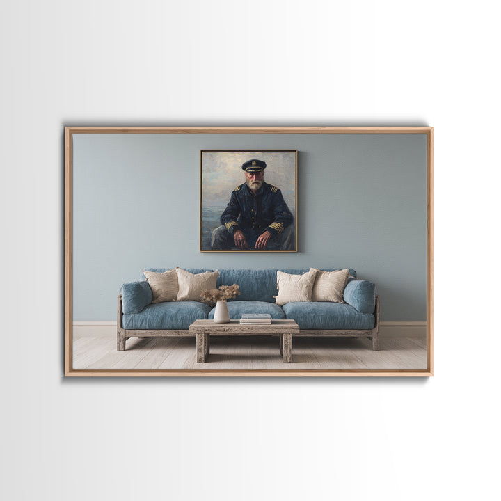 Sea Captain Portrait Framed Canvas Print, Nautical Art, Room Decor, Coastal Decor, Oil Painting, Harbor, Printable, NAU-3x2-35
