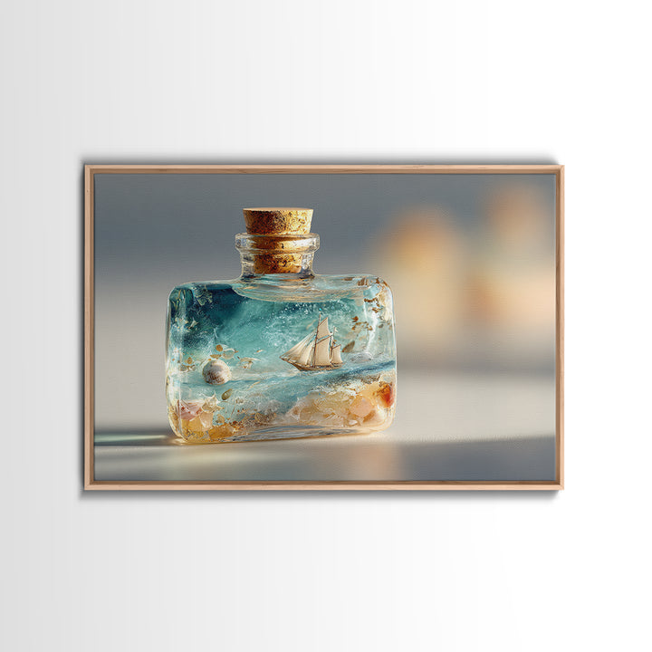 Bottle with Tiny Ship and Ocean Inside Canvas Print, Nautical Art, Minimalist Decor, Coastal Decor, Oil Painting, Harbor, NAU-3x2-68