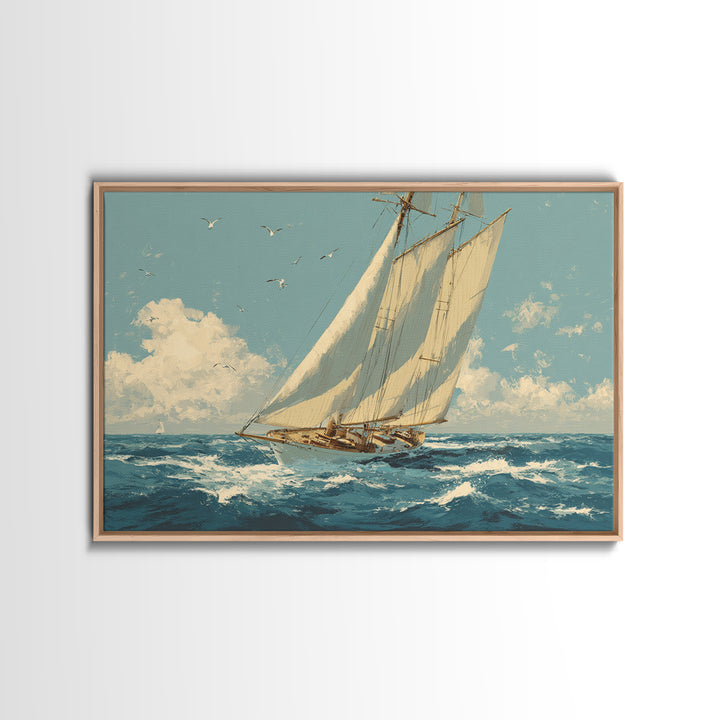 Classic Yacht Racing Through Whitecaps Framed Canvas Print, Nautical Art, Nautical Wall Art, Coastal Decor, Watercolor Art, NAU-3x2-71