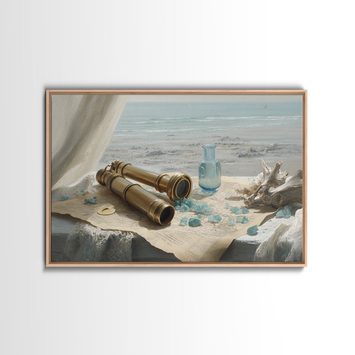 Brass Telescope and Old Map Still Life Framed Canvas Print, Nautical Art, Ocean Art, Coastal Decor, Oil Painting, Harbor, NAU-3x2-82