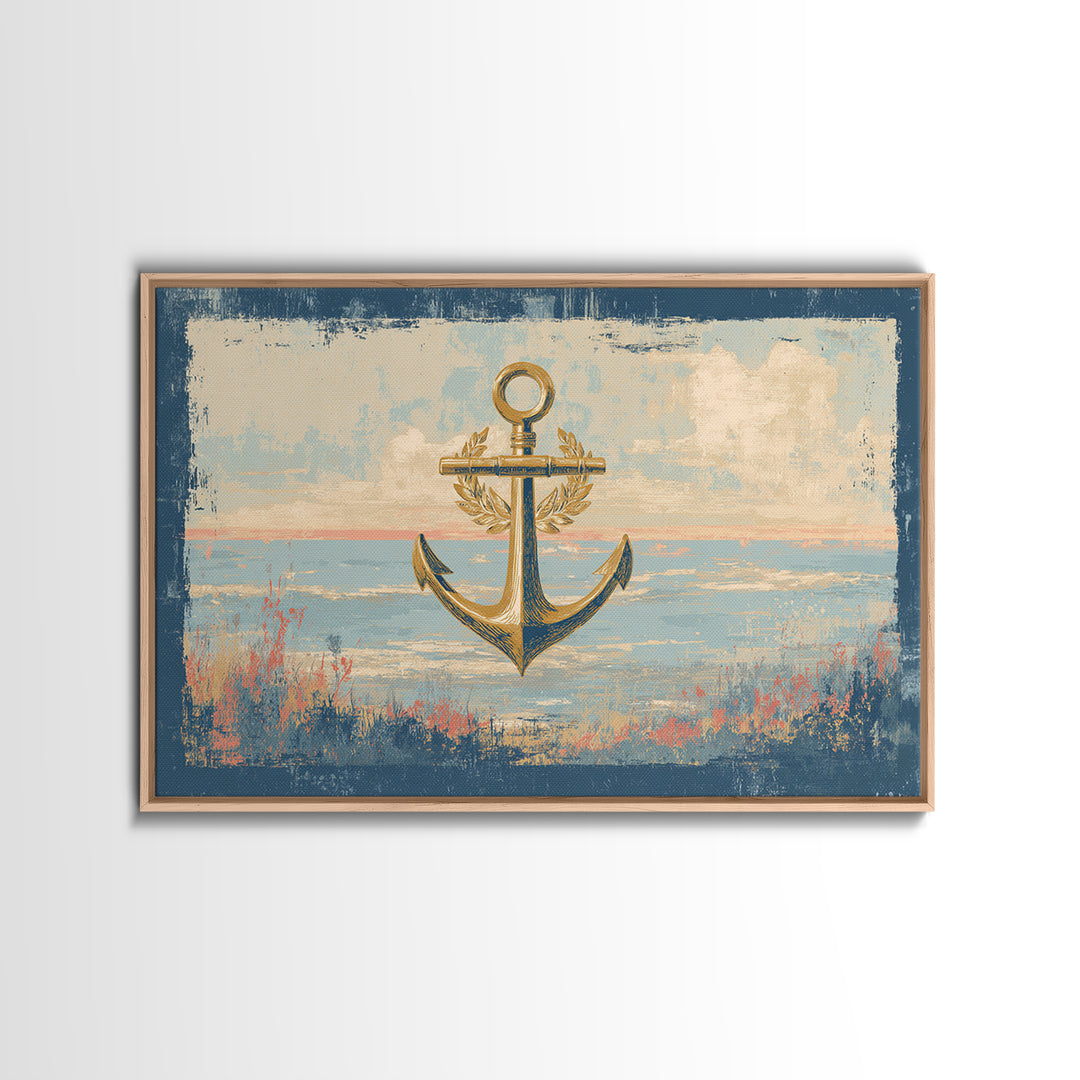 Anchor and Laurel Nautical Crest Without Text Framed Canvas Print, Nautical Art, Beach Decor, Coastal Decor, Fine Art, Harbor, NAU-3x2-9