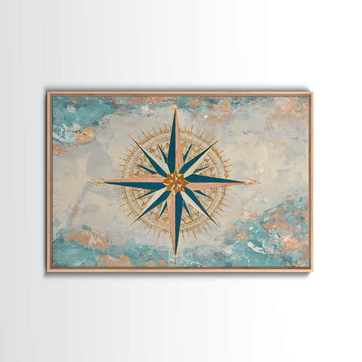 Nautical Star Compass Rose Framed Canvas Print, Nautical Art, Beach Print, Coastal Decor, Fine Art, Harbor, Luxury Decor, NAU-3x2-90