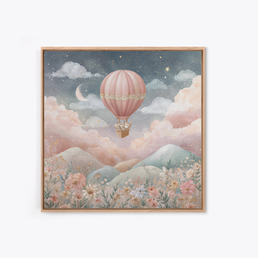 Hot Air Balloon Drifting Framed Canvas Print, Nursery Decor, Art Print, Nursery, Woodland Nursery Decor, Nursery Prints, NDE-1x1-12