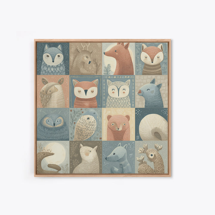 Woodland Animal Parade Framed Canvas Print, Nursery Decor, Wall Light, Fine Art, Nursery, Statement Artwork, Boho Decor, NDE-1x1-2