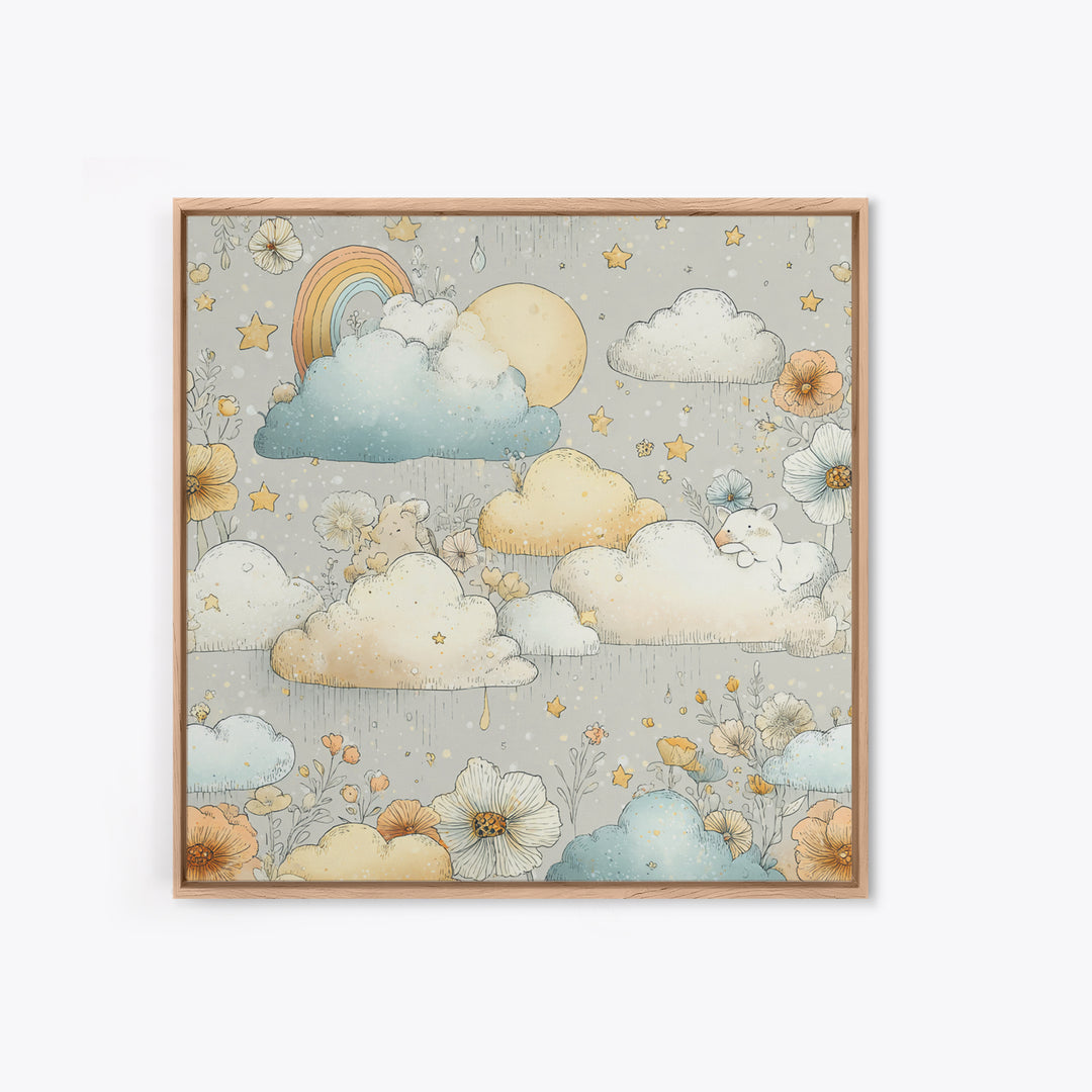 Cloud Rainbow and Raindrop Composition Canvas Print, Nursery Decor, Canvas, Fine Art, Nursery, Playroom Decor, Floral Wall Art, NDE-1x1-20