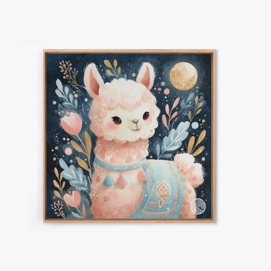 Cute Llama with Blanket Pattern Framed Canvas Print, Nursery Decor, Neutral Decor, Fine Art, Nursery, Home Decor, Wall Decor, NDE-1x1-21