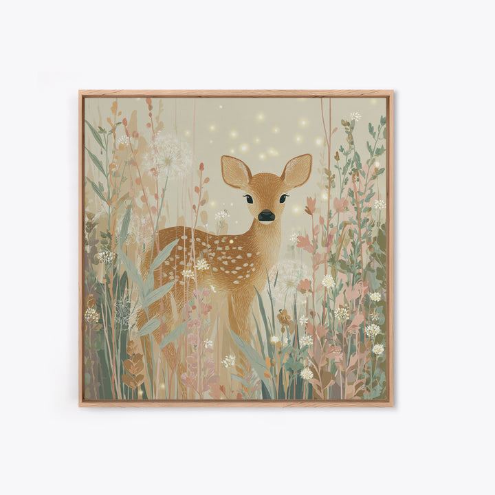 Baby Deer in Meadow with Fireflies Canvas Print, Nursery Decor, Floral Wallpaper, Nursery, Fine Art Print, Statement Artwork, NDE-1x1-22